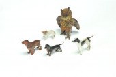 FIVE DOG AND OWL FIGURINES.  A