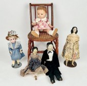 FIVE DOLLS 19TH/EARLY 20TH CEN