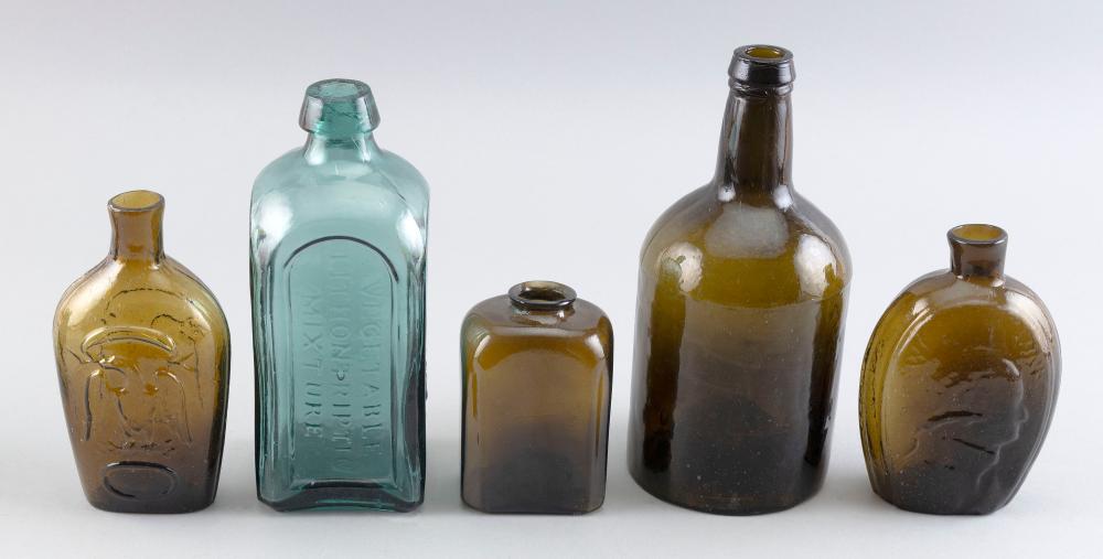 FIVE EARLY GLASS BOTTLES 19TH