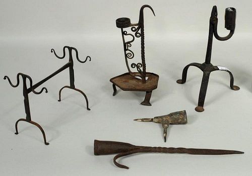 FIVE EARLY WROUGHT IRON LIGHTING