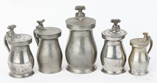 FIVE ENGLISH DOUBLE VOLUTE PEWTER