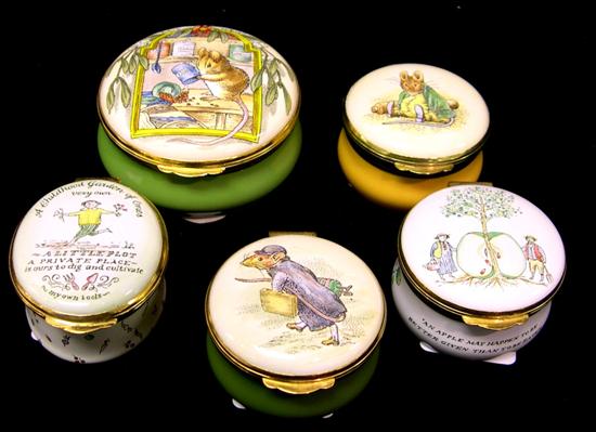 Five English enameled boxes:
