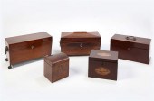 FIVE ENGLISH HARDWOOD TEA CADD