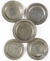 FIVE ENGLISH PEWTER CHARGERS,