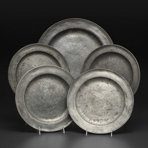 Five English Pewter Chargers Mid