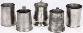 FIVE ENGLISH PEWTER PINT MUGS<