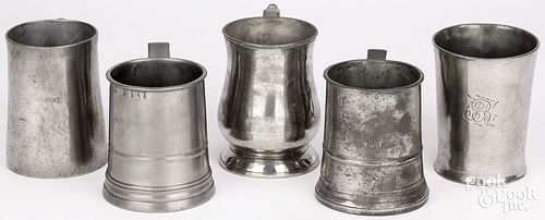 FIVE ENGLISH PEWTER PINT MUGSFive