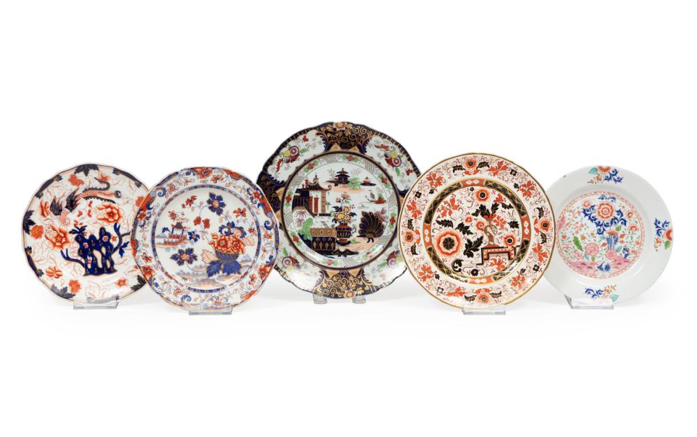 FIVE ENGLISH POLYCHROME AND GILT