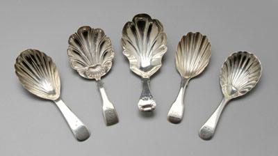 Five English silver caddy spoons:
