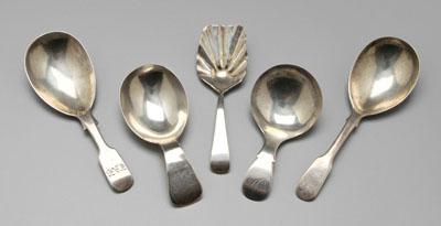Five English silver caddy spoons,