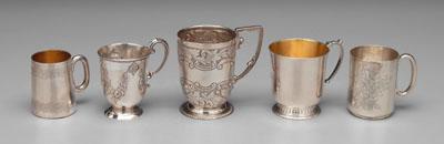 Five English silver mugs: two