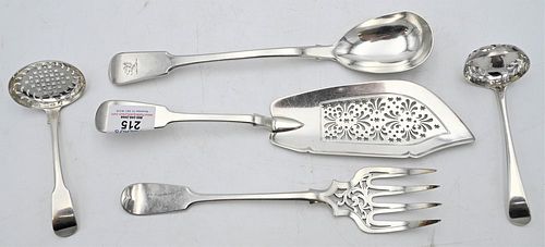 FIVE ENGLISH SILVER SERVING PIECES,