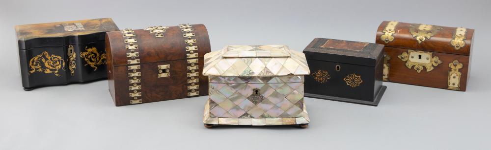 FIVE ENGLISH TEA CADDIES 19TH