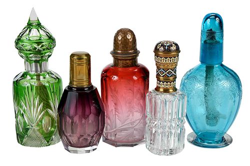 FIVE ETCHED AND CUT COLORED GLASS