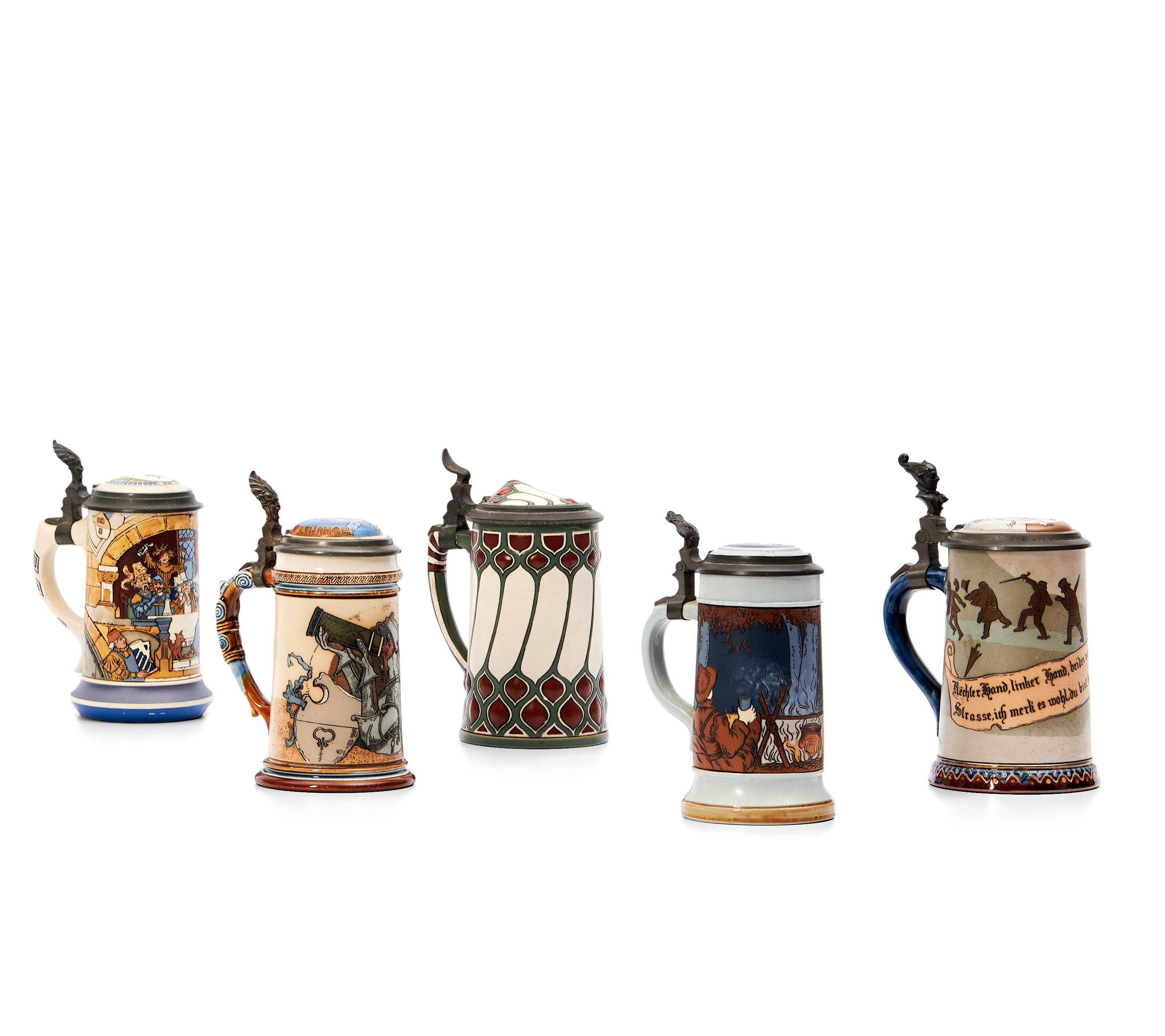 FIVE ETCHED METTLACH STEINS,
