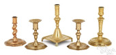 FIVE EUROPEAN BRASS CANDLESTIC