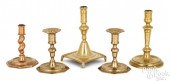 FIVE EUROPEAN BRASS CANDLESTIC