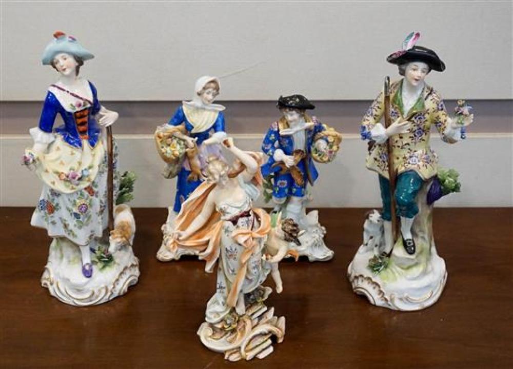 FIVE EUROPEAN PORCELAIN FIGURINES