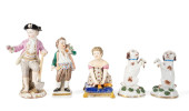 FIVE EUROPEAN PORCELAIN FIGURI