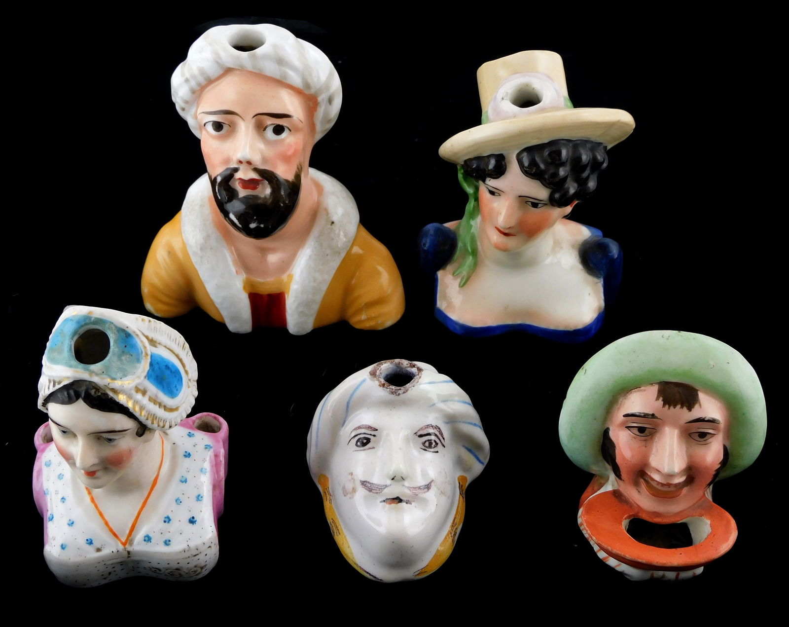 FIVE FIGURAL INKWELLS, 19TH C.,