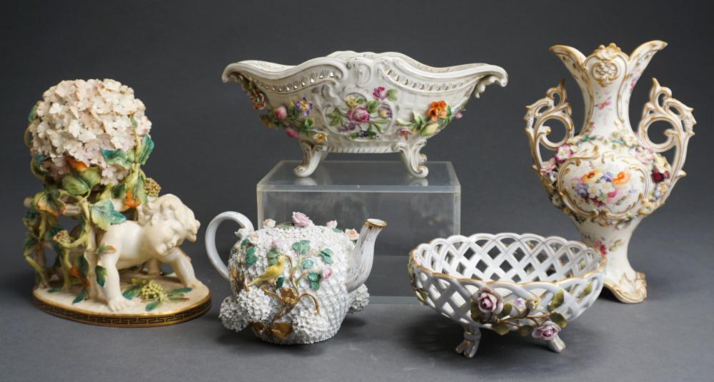 FIVE FLORAL ENCRUSTED CERAMIC