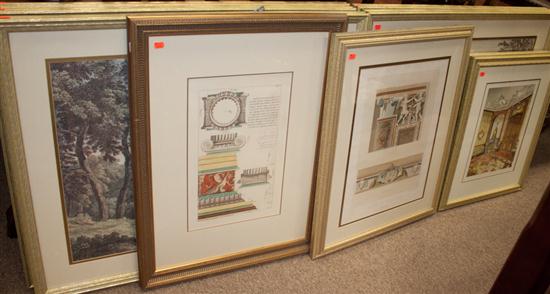 Five framed architectural prints