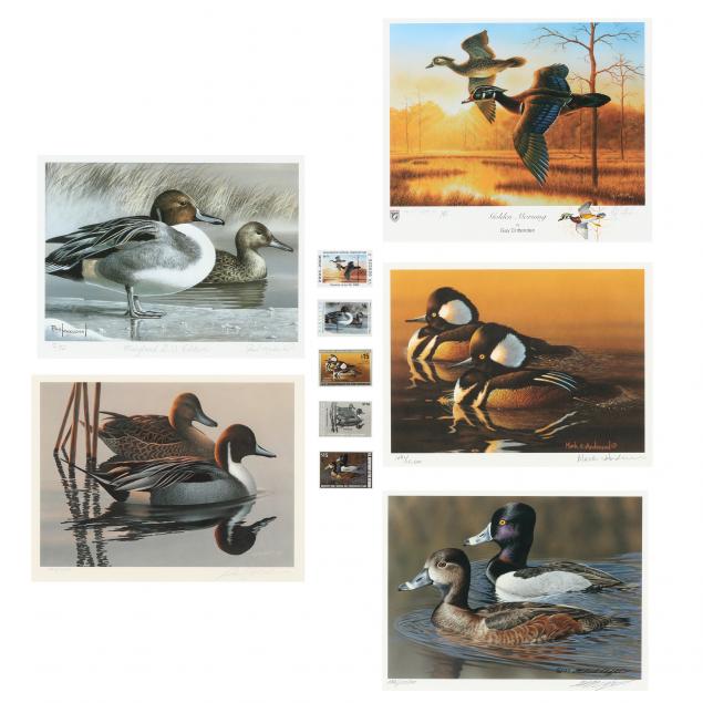 FIVE FRAMED DUCK STAMPS AND