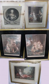 Five framed genre prints: ''Le