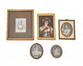 FIVE FRAMED HAND-PAINTED PORTR