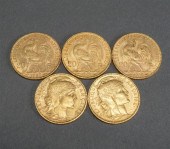 FIVE FRENCH 20-FRANCS GOLD COI
