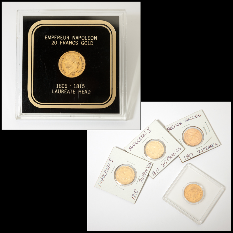 Five French Twenty-Franc gold coins