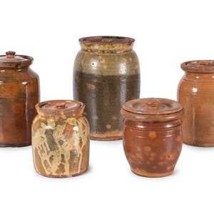 Five Galena Glaze Redware Lidded