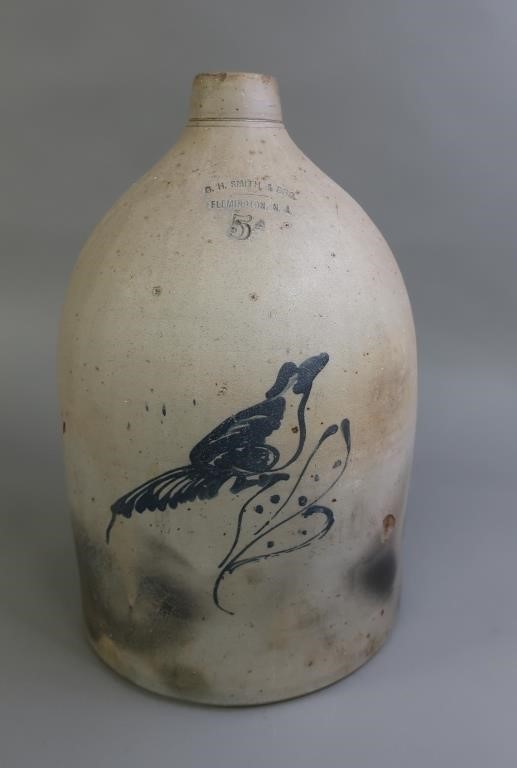 Five gallon stoneware jug with blue