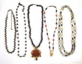 FIVE GARNET BEAD NECKLACES: 18