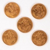 Five George V gold sovereigns,