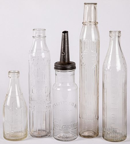 FIVE GLASS OIL BOTTLES, TO