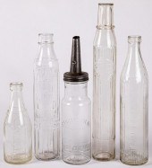 FIVE GLASS OIL BOTTLES, TO INC