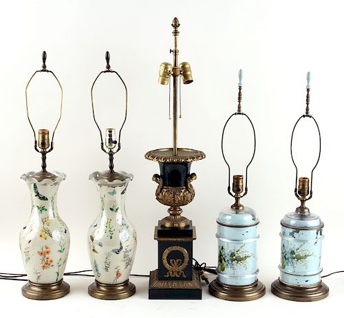 FIVE GLASS TABLE LAMPS CHINESE &