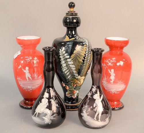 FIVE GLASS VASES TO INCLUDE PAIR OF