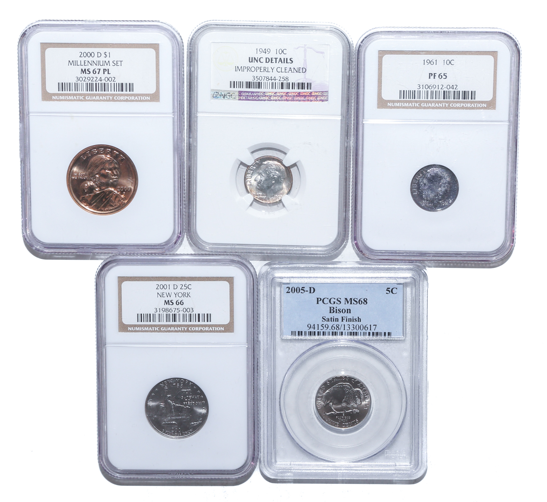 FIVE GRADED MODERN COINS Dimes -