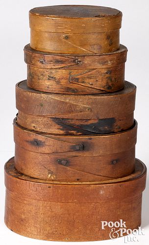 FIVE GRADUATED BENTWOOD BOXES, 19TH