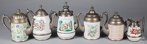 FIVE GRANITEWARE TEA AND COFFEE