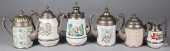 FIVE GRANITEWARE TEA AND COFFE