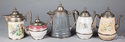 FIVE GRANITEWARE TEA AND COFFEE