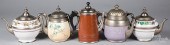 FIVE GRANITEWARE TEA AND COFFE