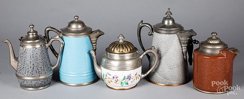 FIVE GRANITEWARE TEA AND COFFEE