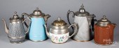 FIVE GRANITEWARE TEA AND COFFE
