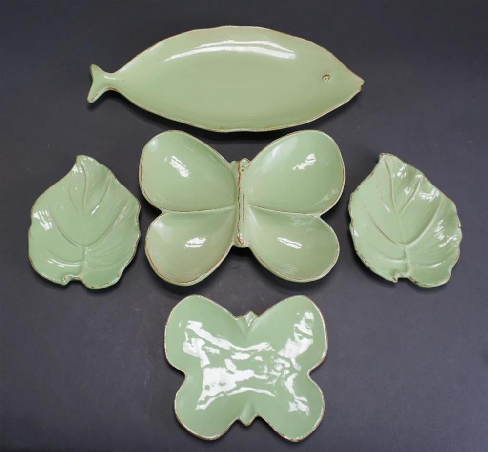 FIVE GREEN GLAZED POTTERY SERVING