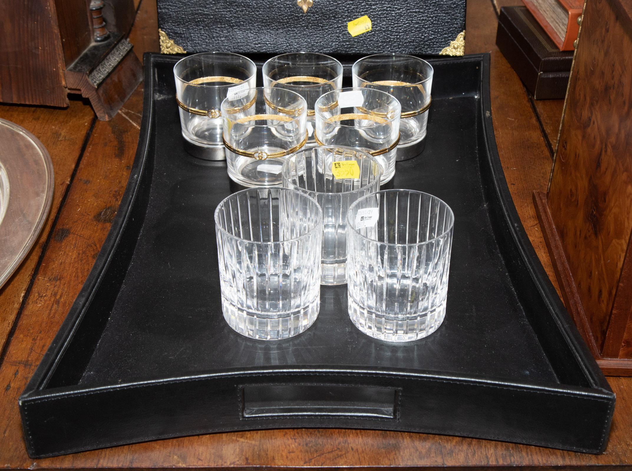 FIVE GUCCI TUMBLERS; BAR TRAY;