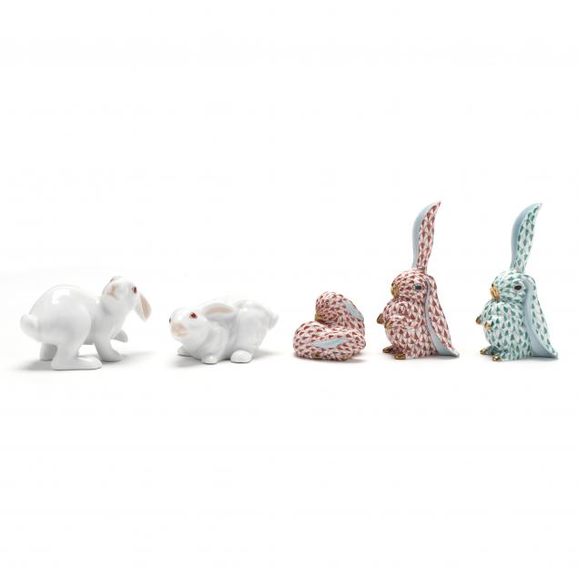 FIVE HEREND PORCELAIN RABBITS Two